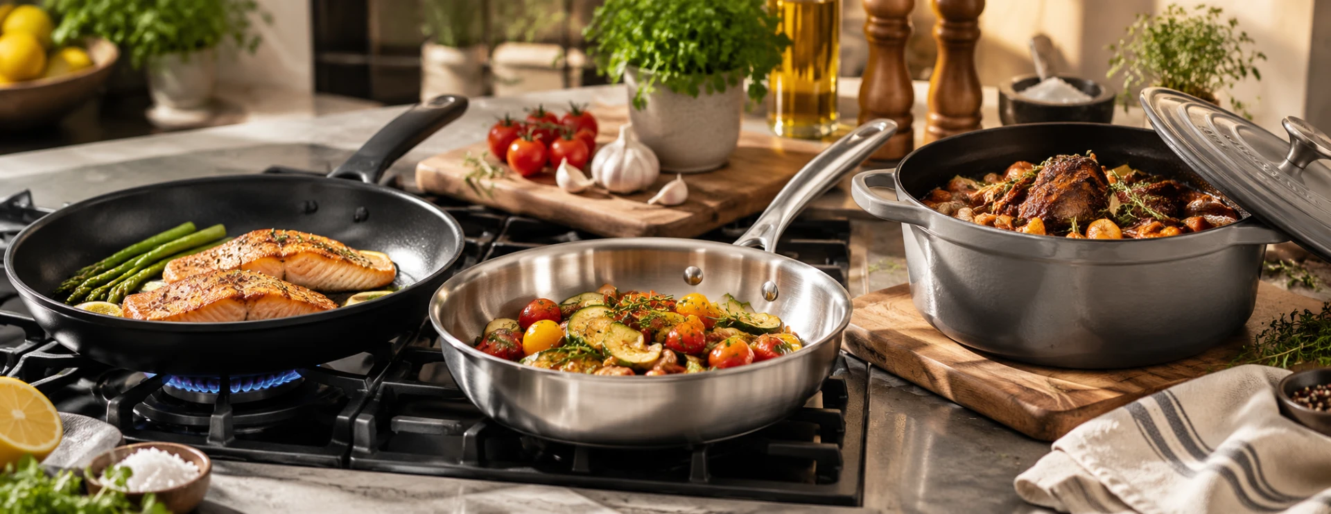 Non-stick, stainless-steel and cast-iron cookware in a warm kitchen setting