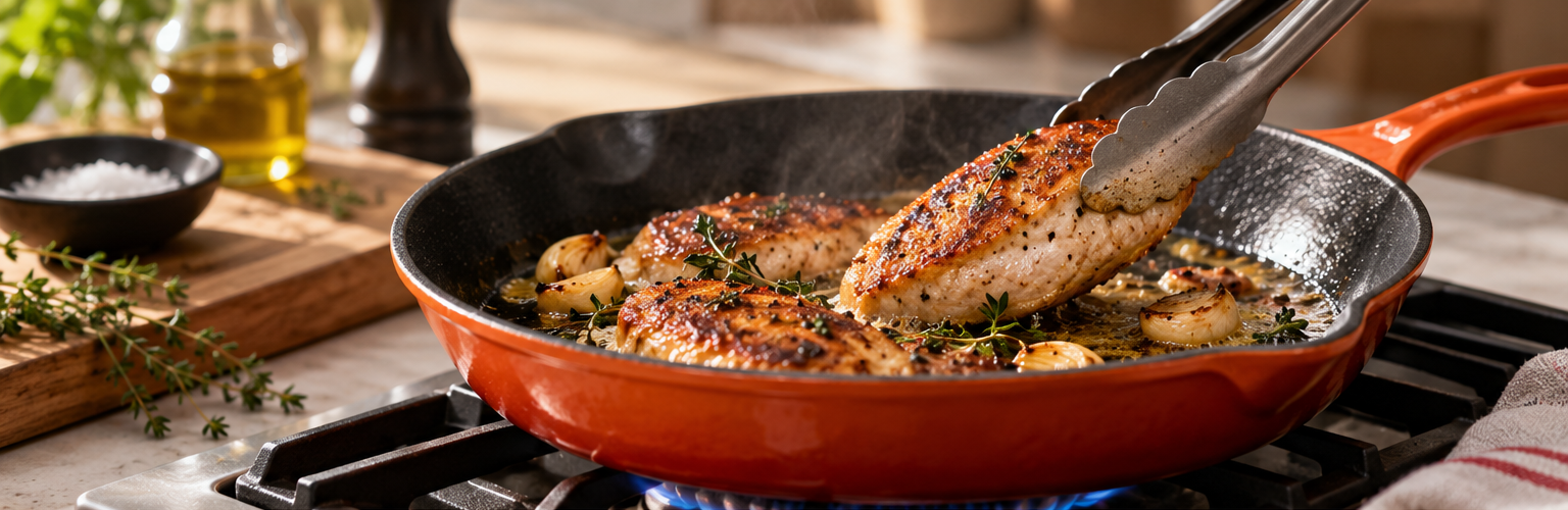 Chicken breasts searing in an orange enamelled cast-iron pan over a gas flame, turned with tongs