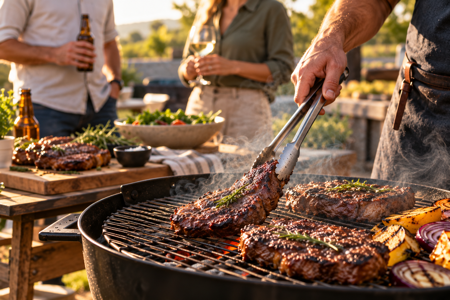 Turning a steak with tongs over a charcoal braai at golden hour, with friends holding drinks beside a table of food behind