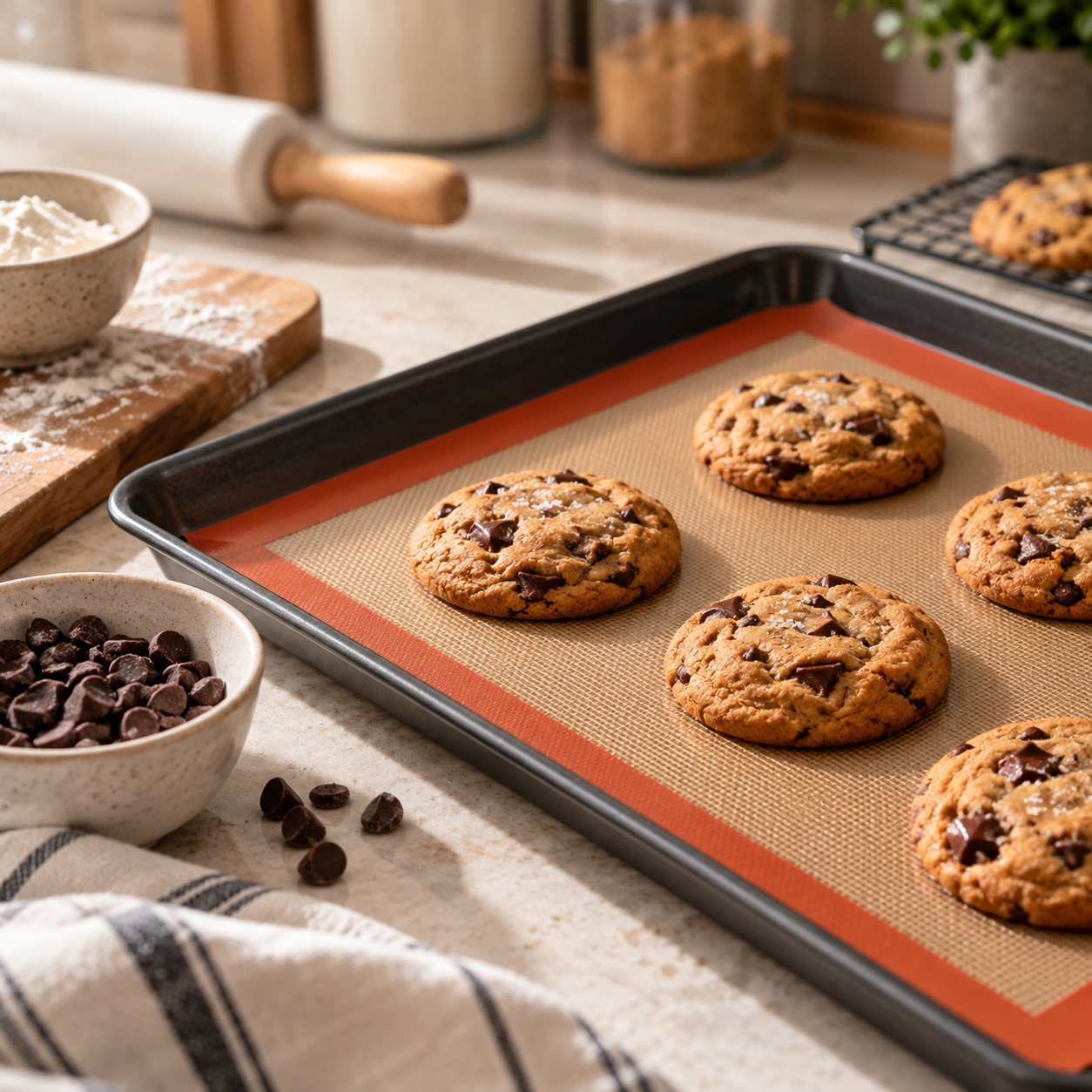 Chocolate-chip cookies on a silicone baking mat set inside a baking tray in a warm kitchen
