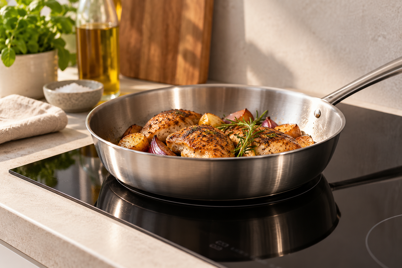 Chicken, potatoes and red onion cooking in a stainless steel frying pan on an induction hob in a sunlit kitchen