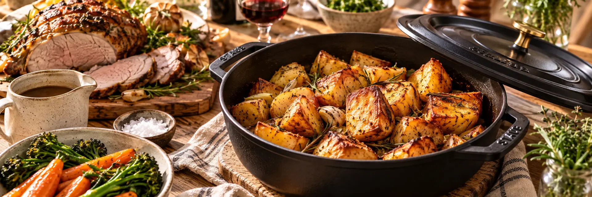 Golden roast potatoes with rosemary in a black cast-iron casserole at a warm Sunday lunch table