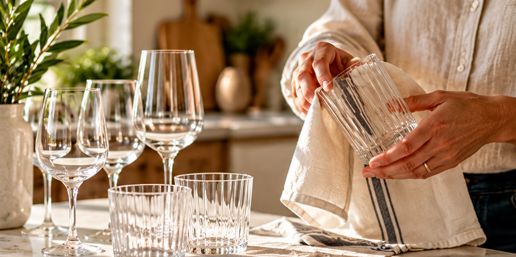 A person polishing a ribbed drinking glass with a linen tea towel beside clean wine glasses and tumblers