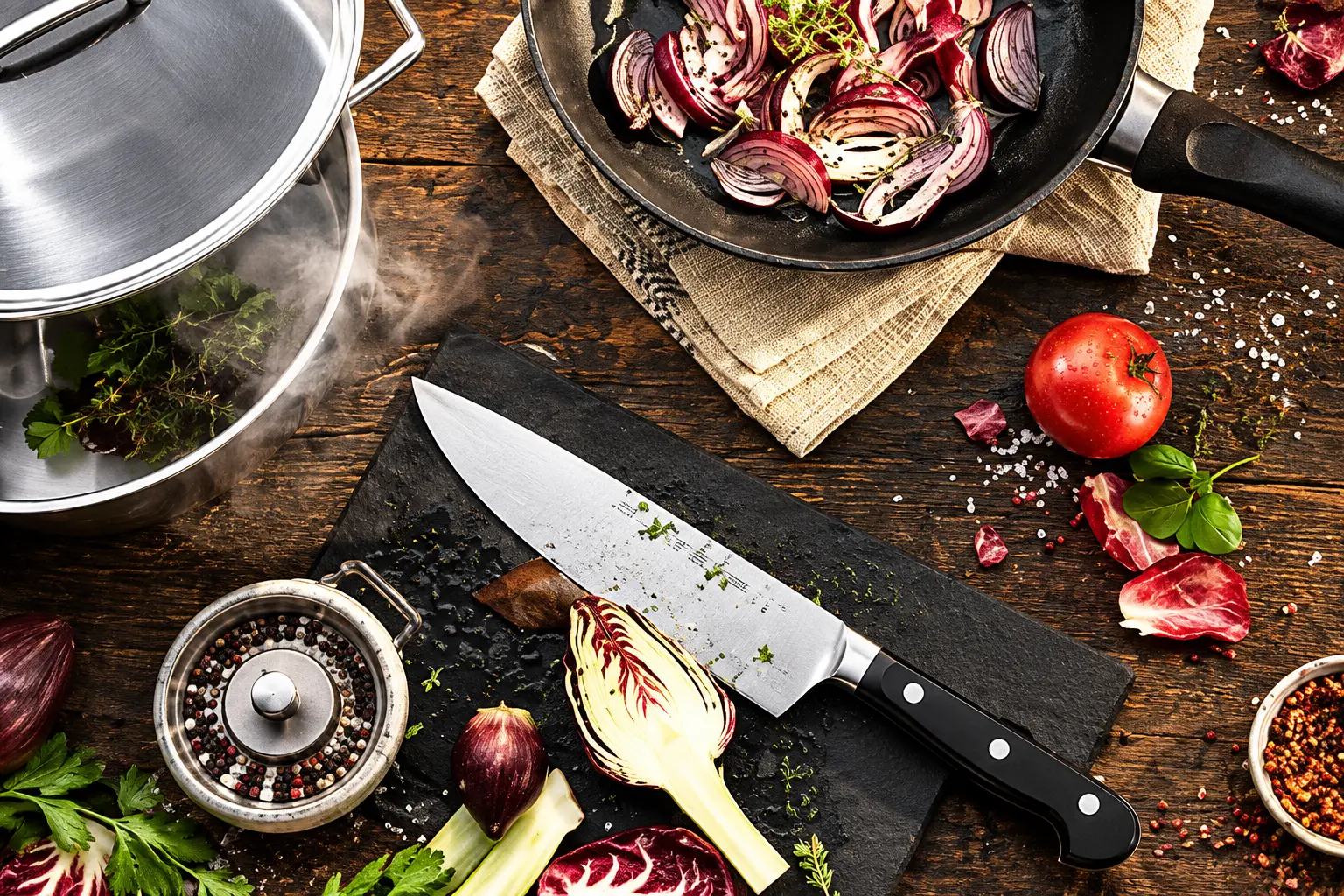A chef's knife on a dark chopping board beside red onion, herbs and cookware on a timber worktop