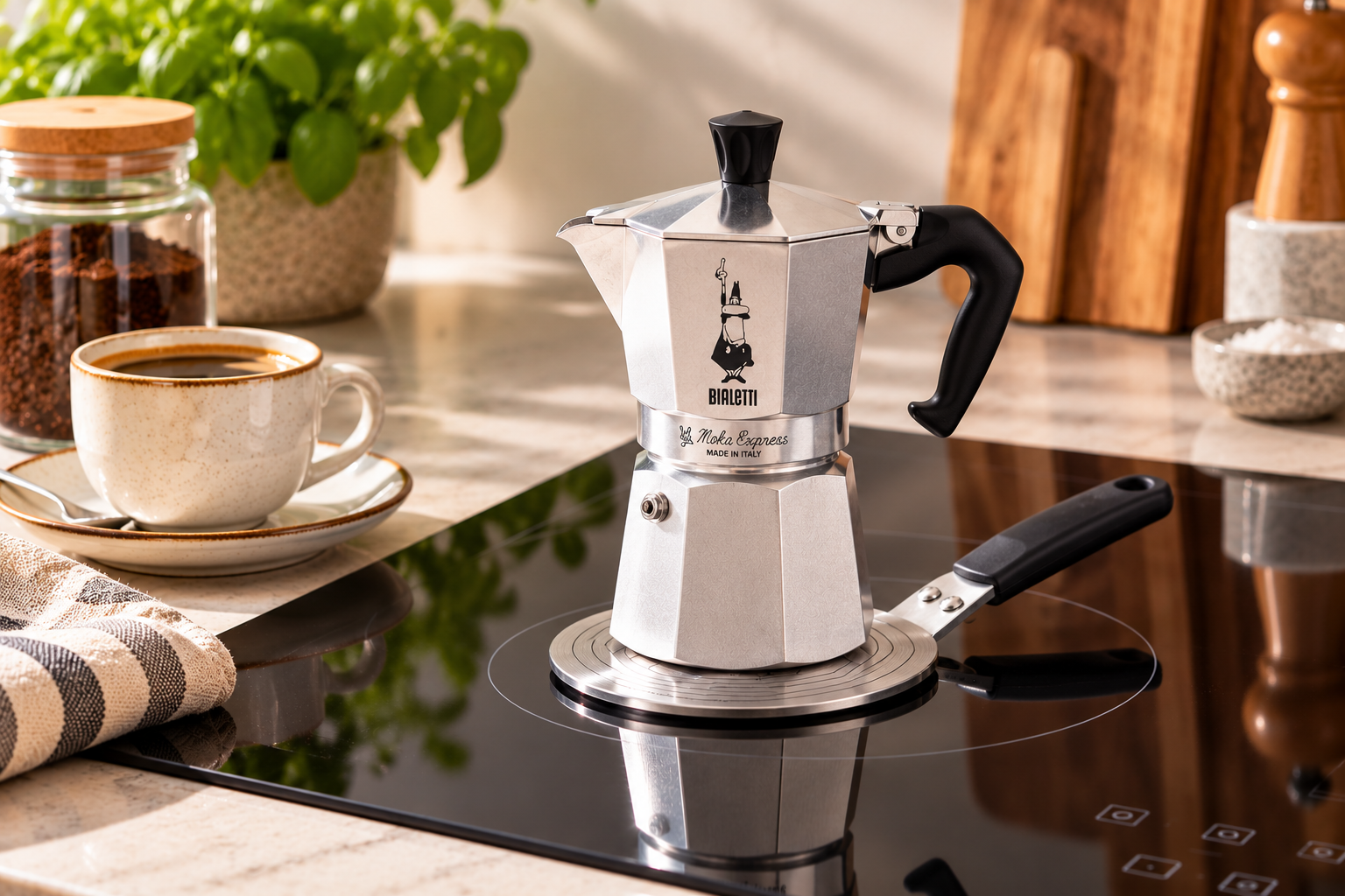 A Bialetti aluminium Moka Express sitting on a stainless steel induction adapter plate on a black induction hob in a warm kitchen.