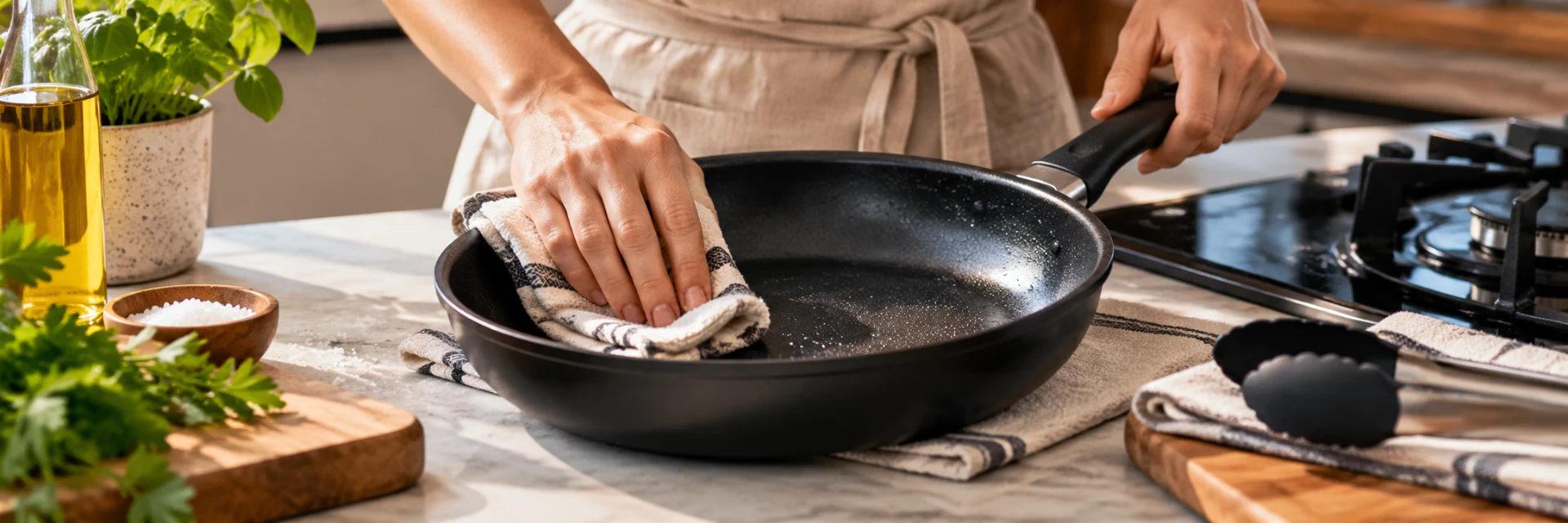 Hands gently cleaning a non-stick frying pan with a cloth in a bright kitchen