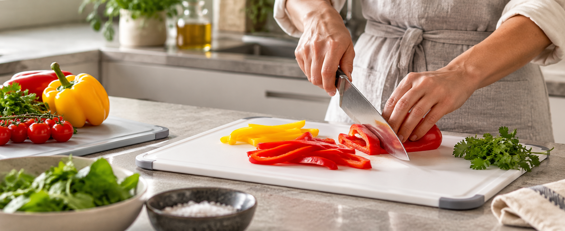 A cook slicing red pepper with a chef's knife on a white plastic chopping board in a modern kitchen