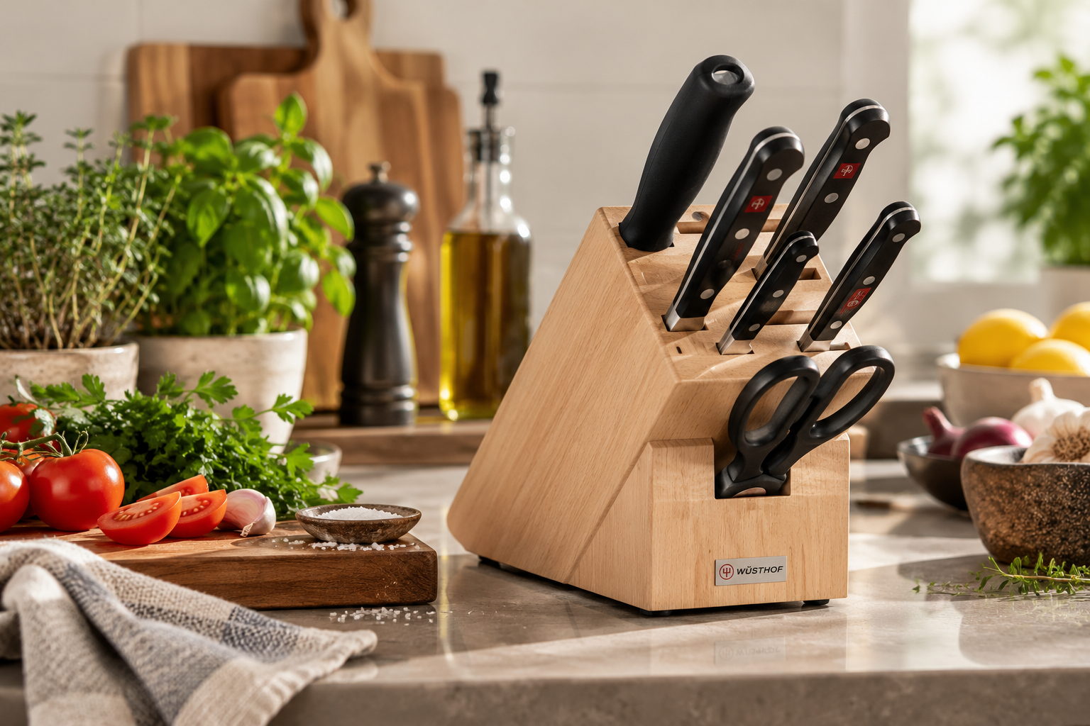 A matched set of kitchen knives standing in a wooden block beside a board of fresh herbs