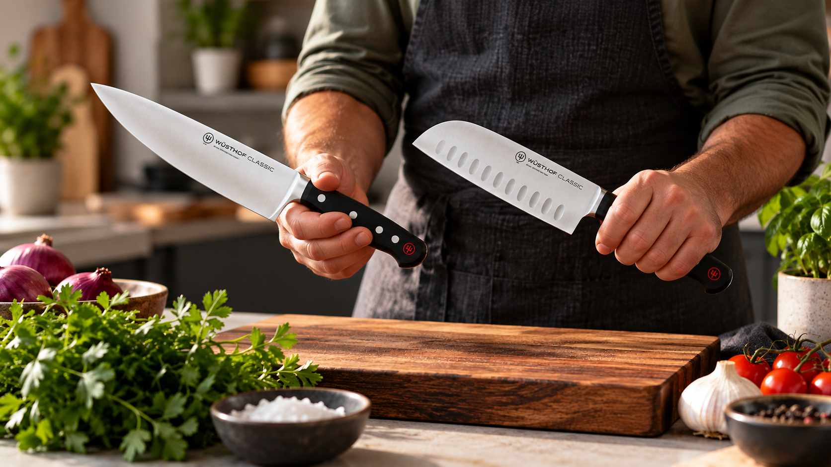 A cook comparing a Wüsthof Classic chef's knife and santoku, one in each hand, over a wooden board