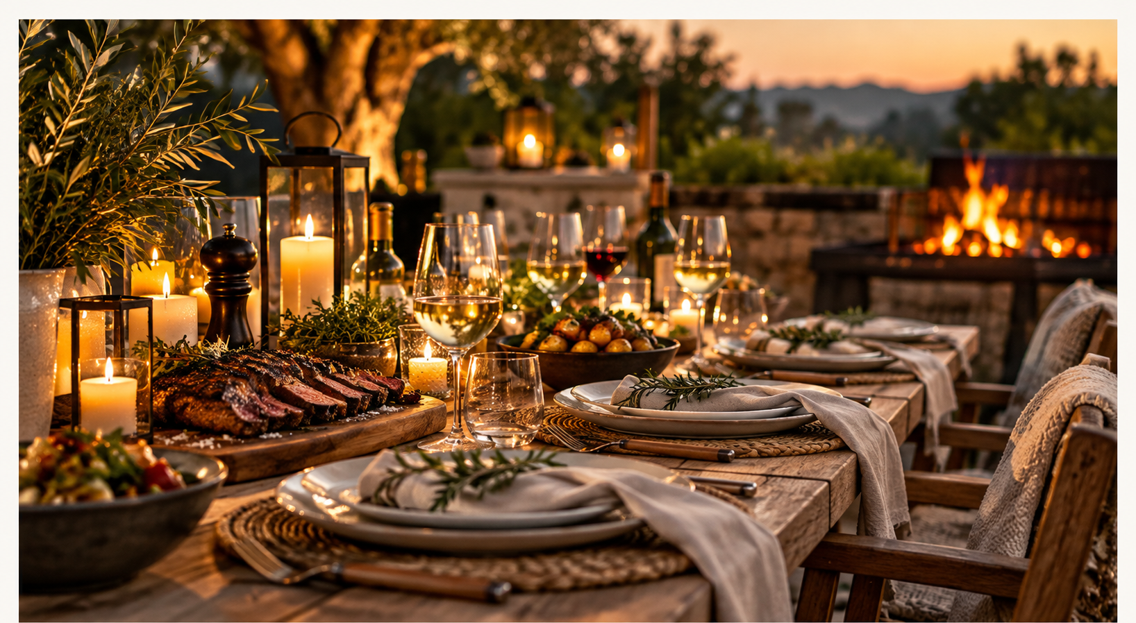 An outdoor table laid at dusk with candles in lanterns, sliced steak on a board, salad, potatoes and glasses of wine, with a braai burning in the background