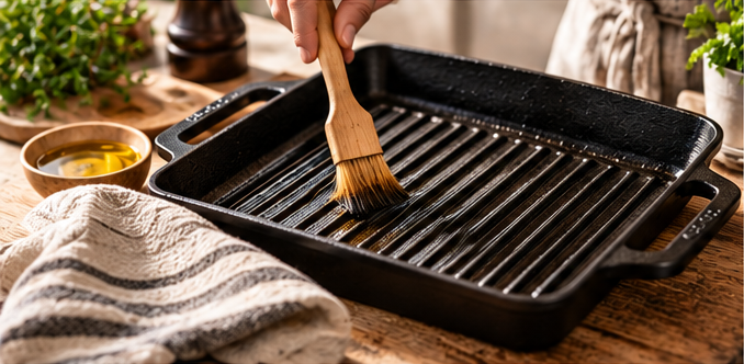 A hand brushing oil onto a ridged black cast-iron grill pan beside a striped tea towel and a bowl of oil