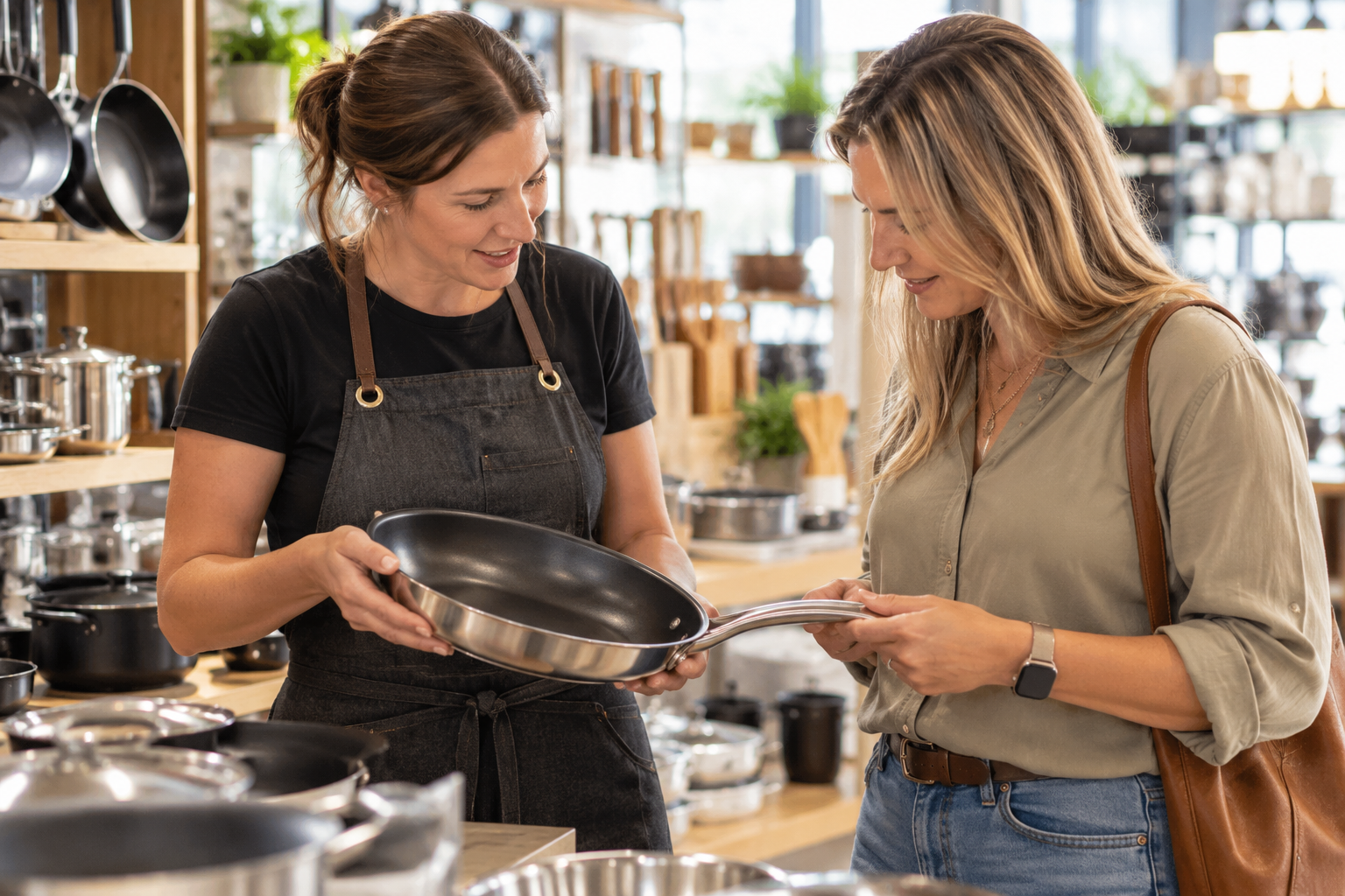 Illustrative image of a shop assistant helping a customer choose a frying pan
