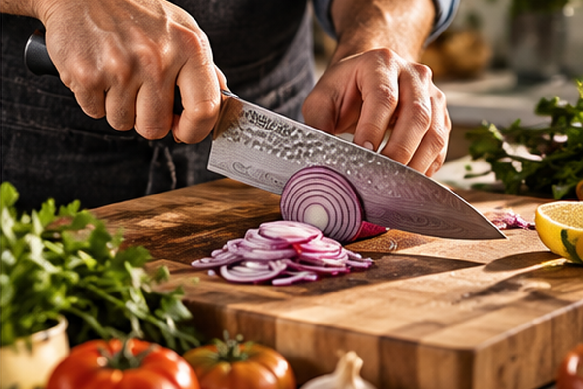 Slicing a red onion with a chef's knife on a wooden board