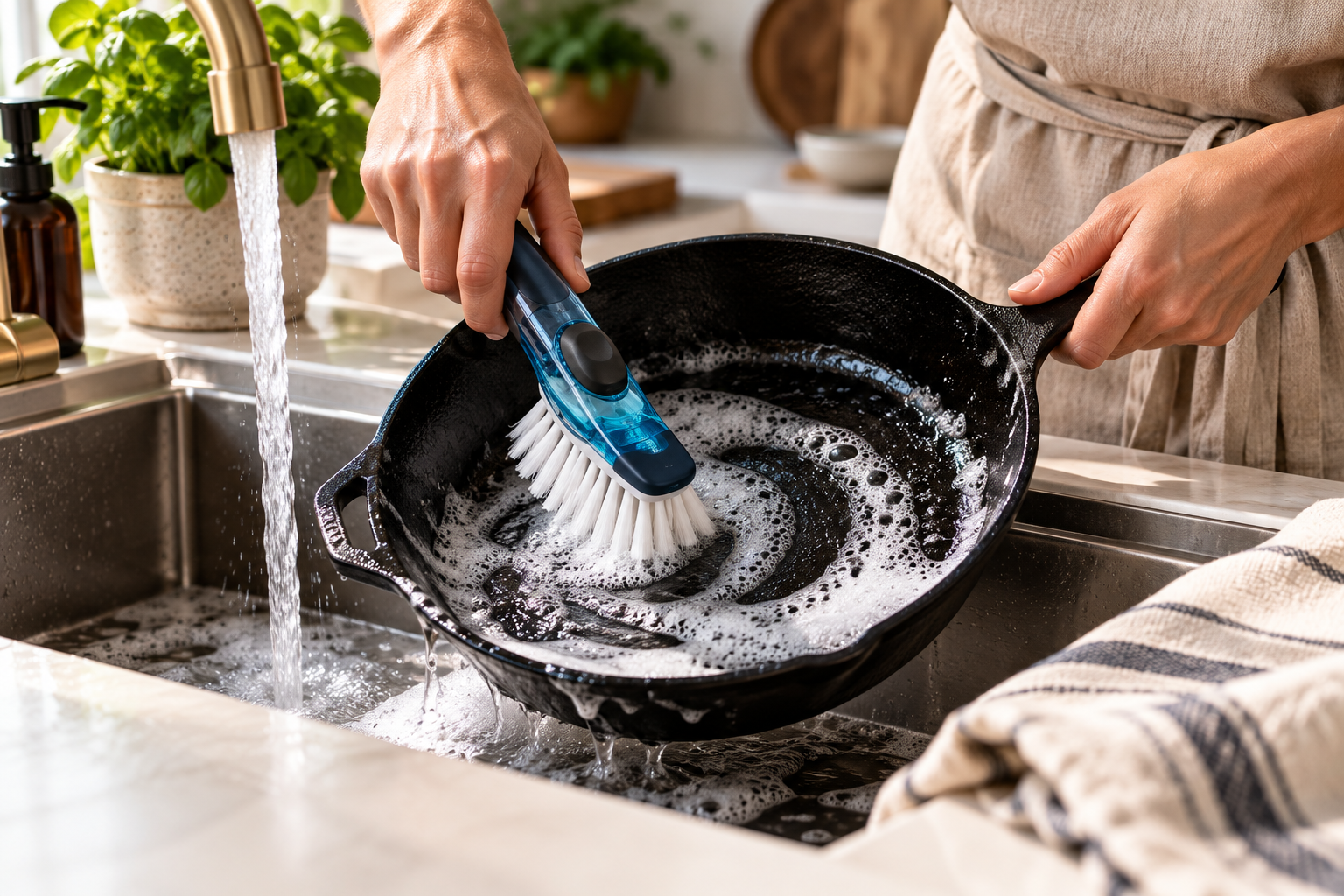 Hands cleaning a cast-iron skillet with a brush beside a kitchen sink.