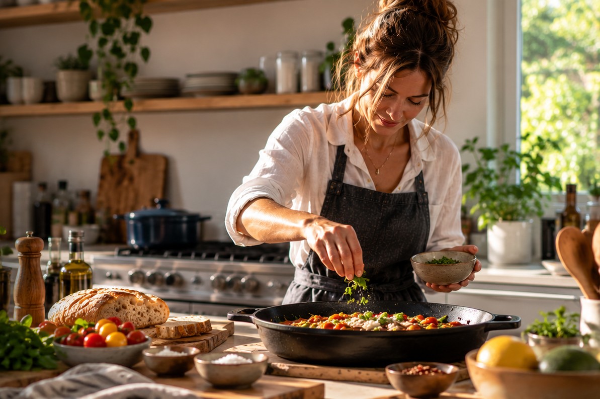 A cook sprinkling fresh herbs over a cast iron skillet in a sunlit kitchen