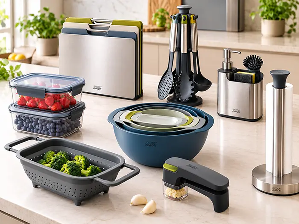 Joseph Joseph kitchen tools, food storage and preparation products arranged on a kitchen counter
