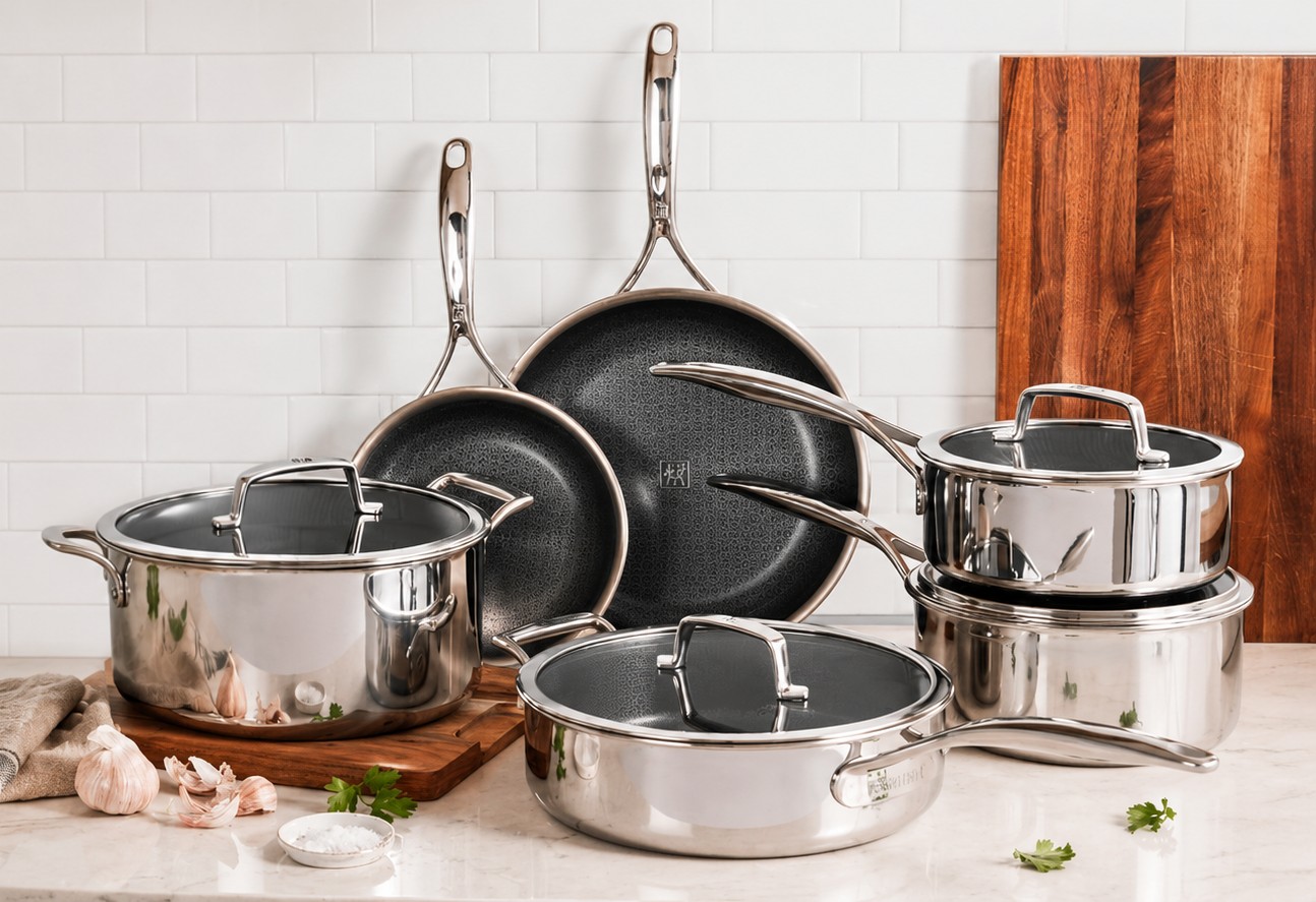 Zwilling Peak stainless steel pans, saucepans and stock pot on a marble kitchen counter