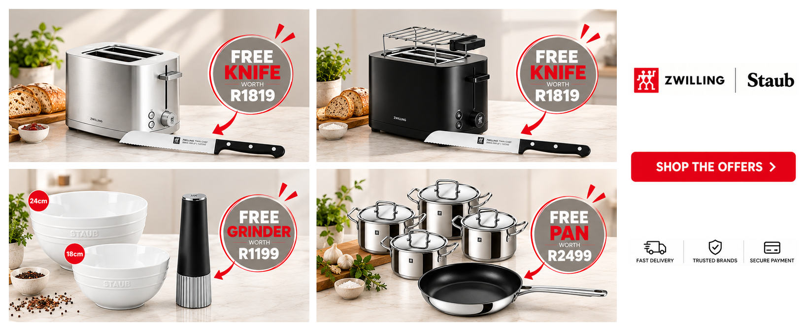 Four Zwilling and Staub offers: a stainless toaster and a black toaster, each with a free Twin Chef knife worth R1819; Staub ceramic bowls in 24cm and 18cm with a free grinder worth R1199; and Zwilling pots with a free pan worth R2499.