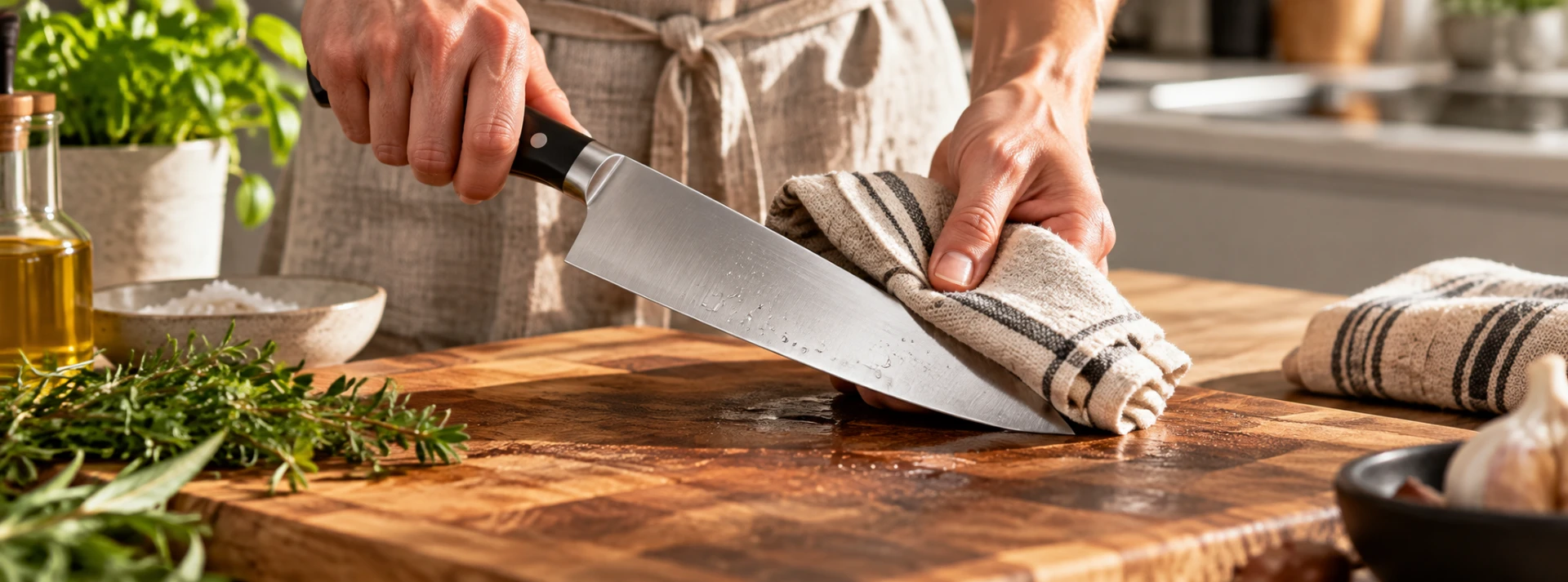 A cook drying a chef's knife with a striped tea towel over a wooden chopping board