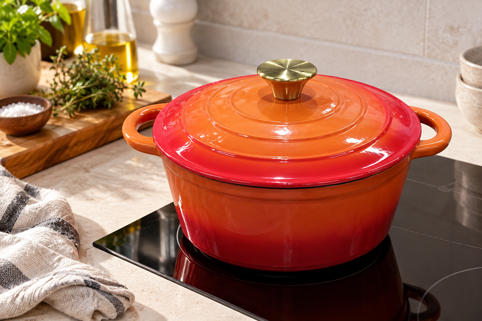 Orange-red enamelled cast-iron casserole with both handles, fitted lid and gold knob visible on a black induction hob in a warm kitchen