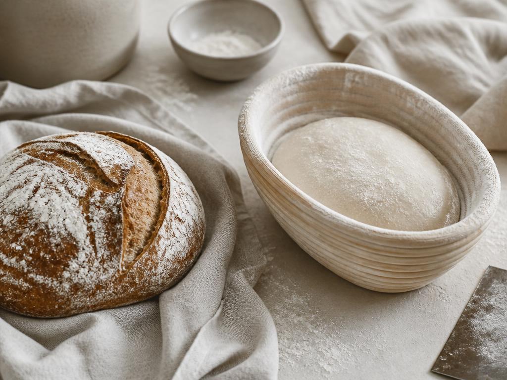 Sourdough dough proofing in a rattan banneton basket beside a scored, crusty artisan loaf