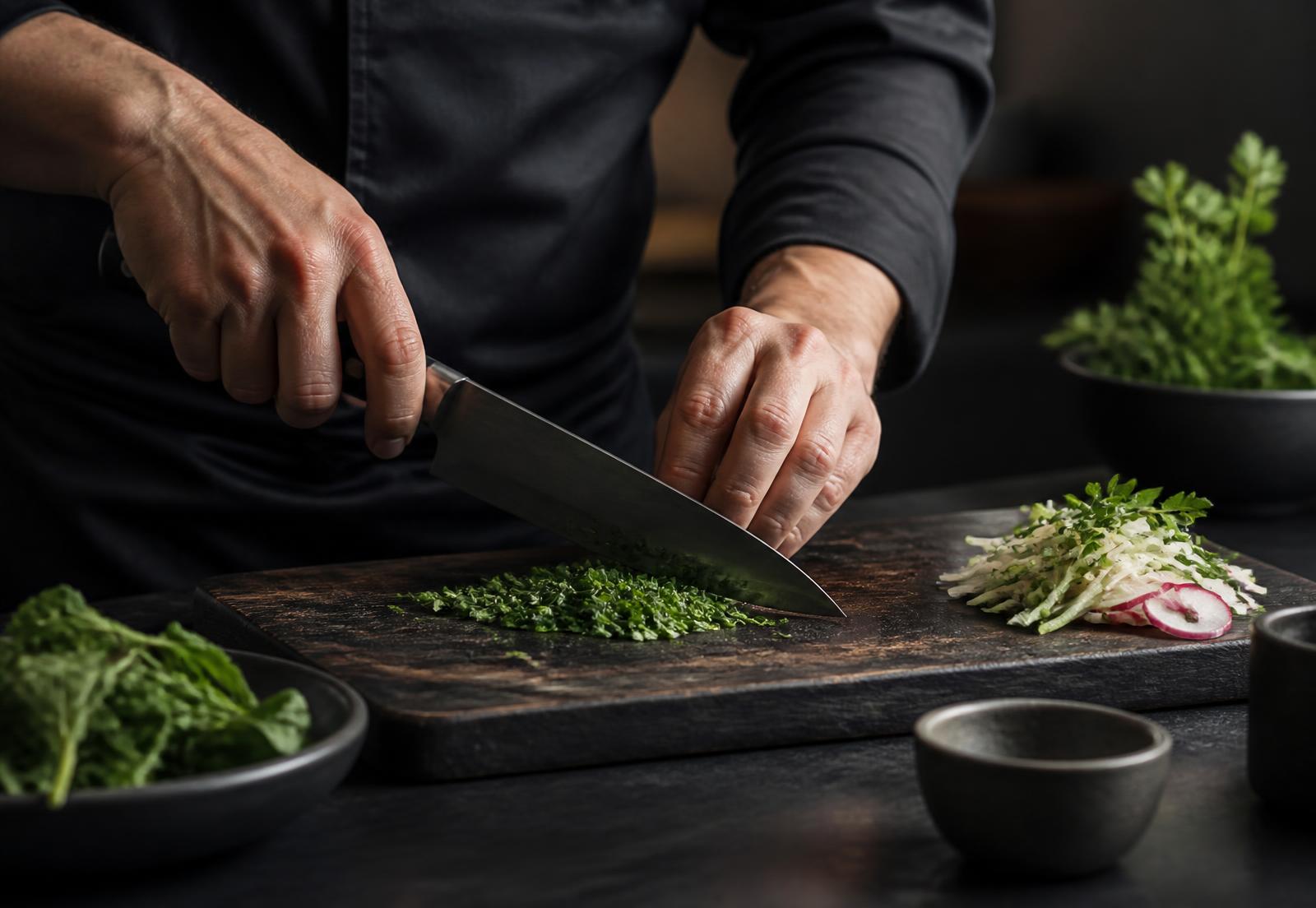 A chef finely chopping herbs with a chef's knife on a dark wooden board