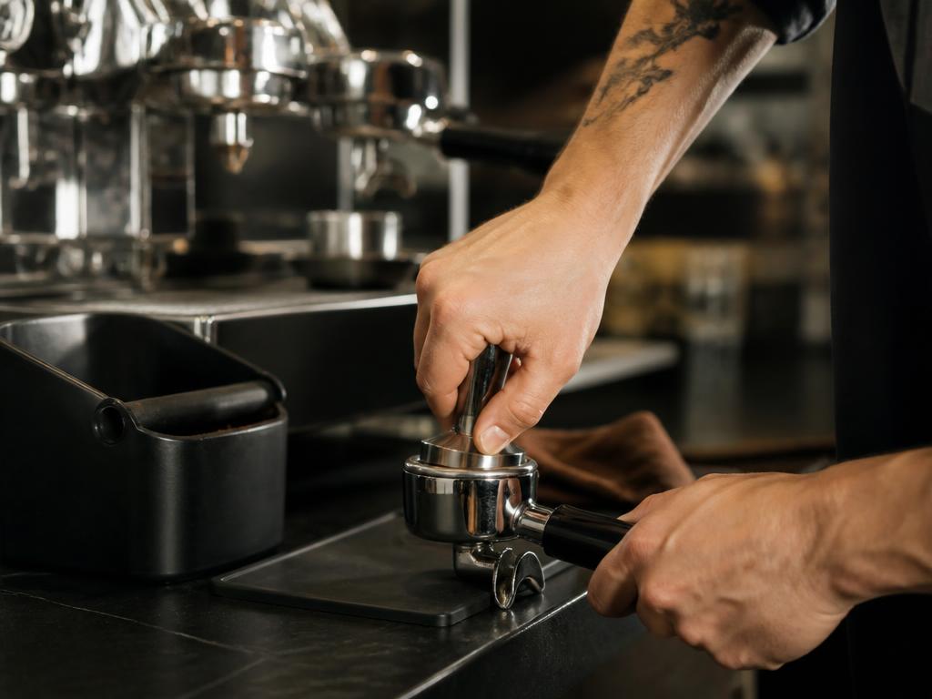 A barista tamping ground coffee into a stainless portafilter next to a knock box and espresso machine