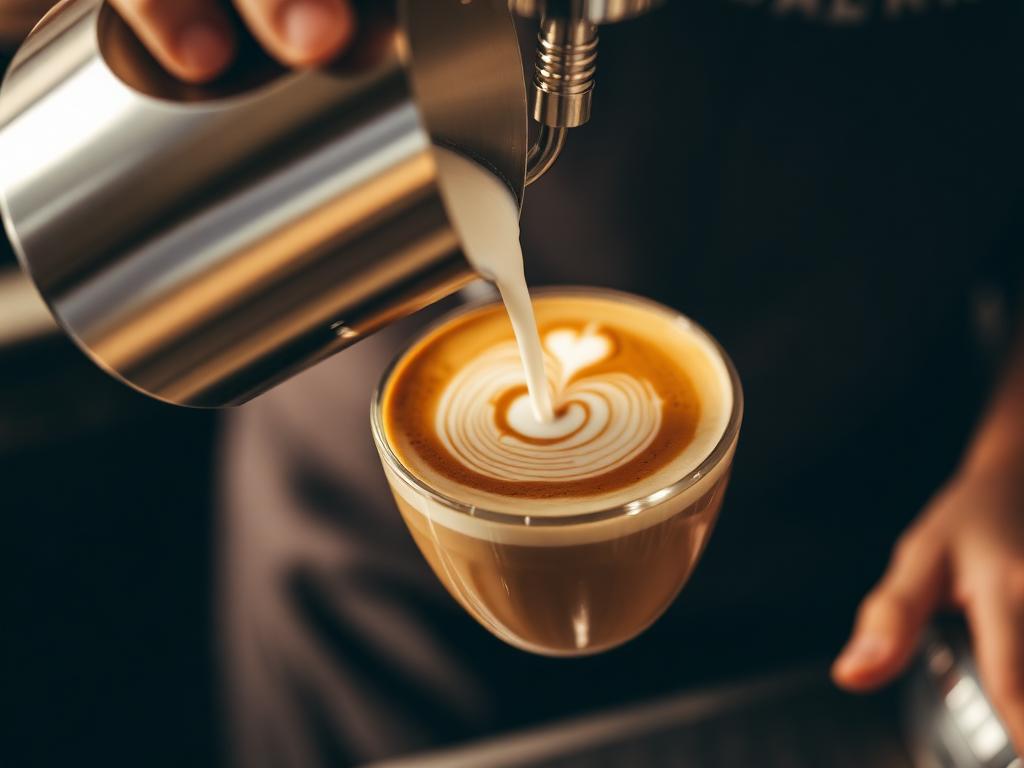 Steamed milk being poured from a stainless frothing jug into a cup to form latte art