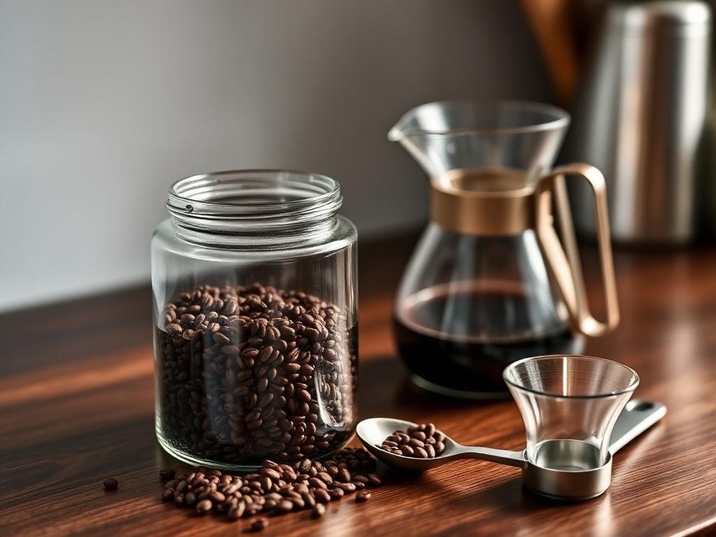 An airtight coffee storage jar of beans with a glass coffee server and a measuring scoop on a wooden counter