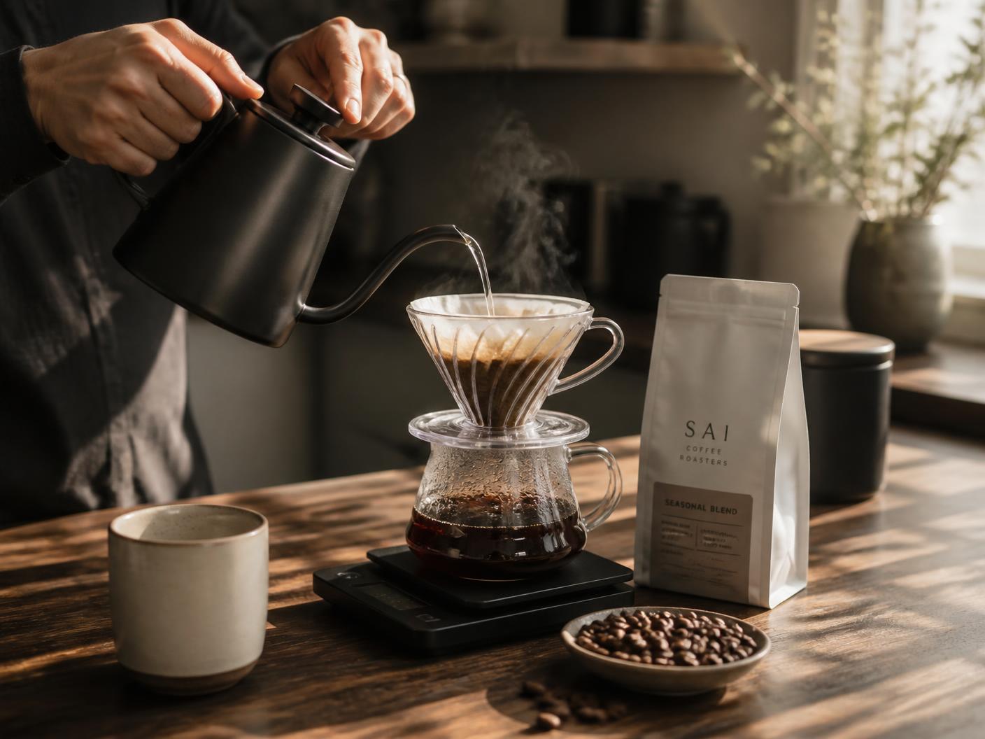 Pour-over coffee being brewed beside a grinder and ceramic cups