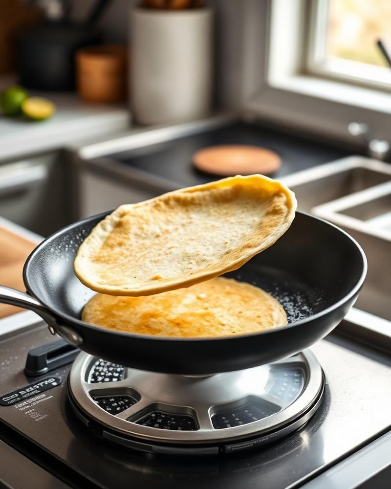 A crepe pan flipping a golden crepe