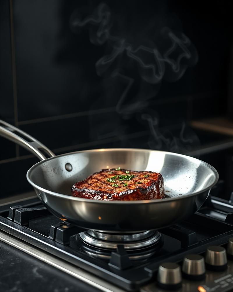 A stainless steel frying pan searing a steak on the stove