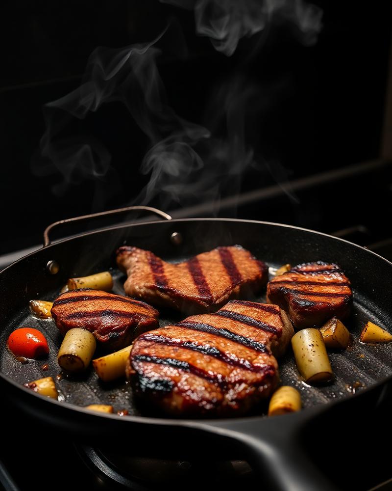 A griddle pan grilling steaks and vegetables with char marks