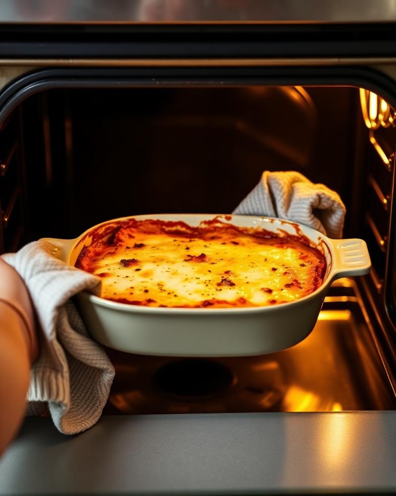 A ceramic ovenware dish of baked lasagne lifted from the oven