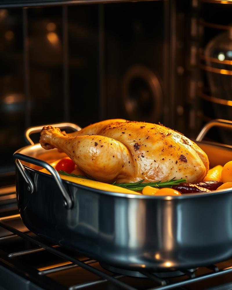 A stainless steel roasting pan holding a golden roast chicken