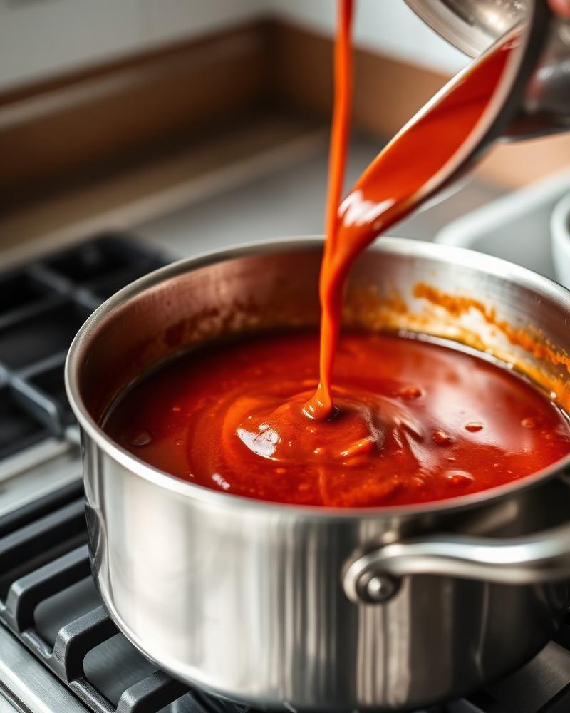 A stainless steel saucepan of rich tomato sauce being poured