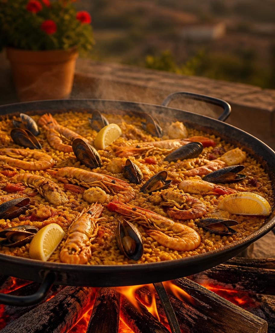 A paella pan cooking seafood paella over flames