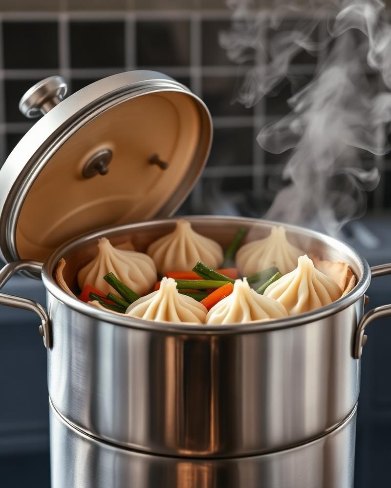 A stainless steel steamer of dumplings and vegetables with rising steam