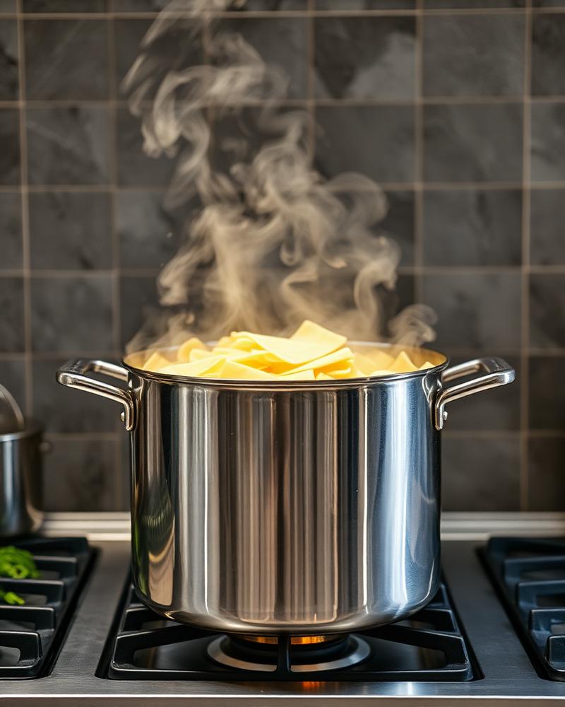 A large stock pot of pasta boiling on the stove