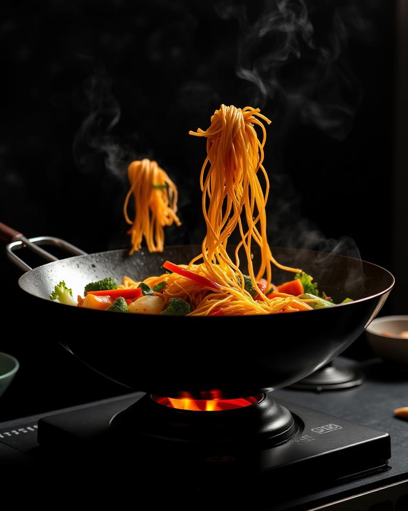A wok tossing a high-heat noodle stir-fry