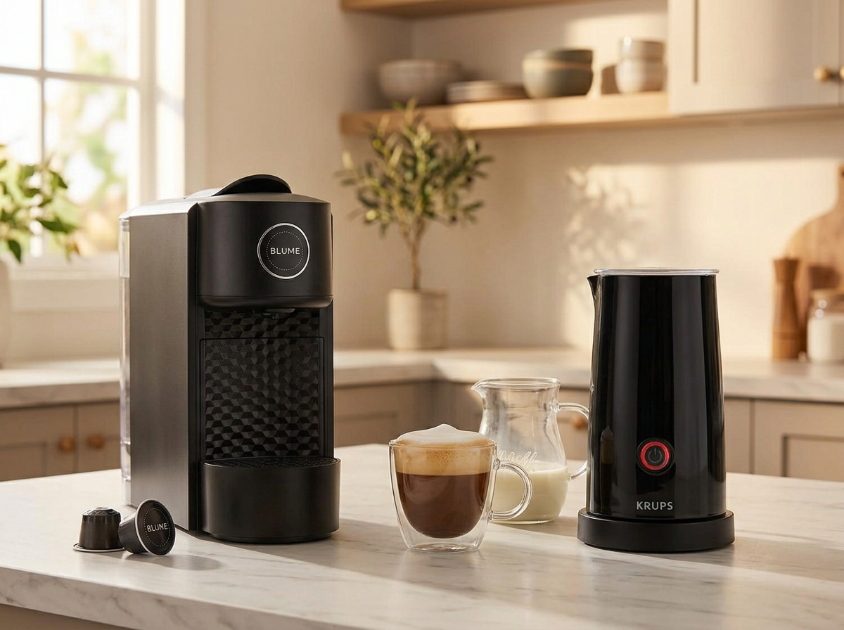 A black Blume 2-Step capsule coffee machine and Krups electric milk frother with a fresh foamed coffee on a marble counter