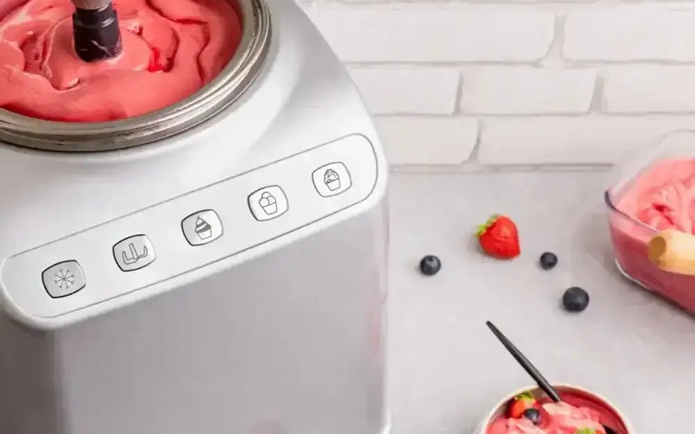 Pink strawberry gelato churning in a Magimix Gelato Expert ice cream maker
