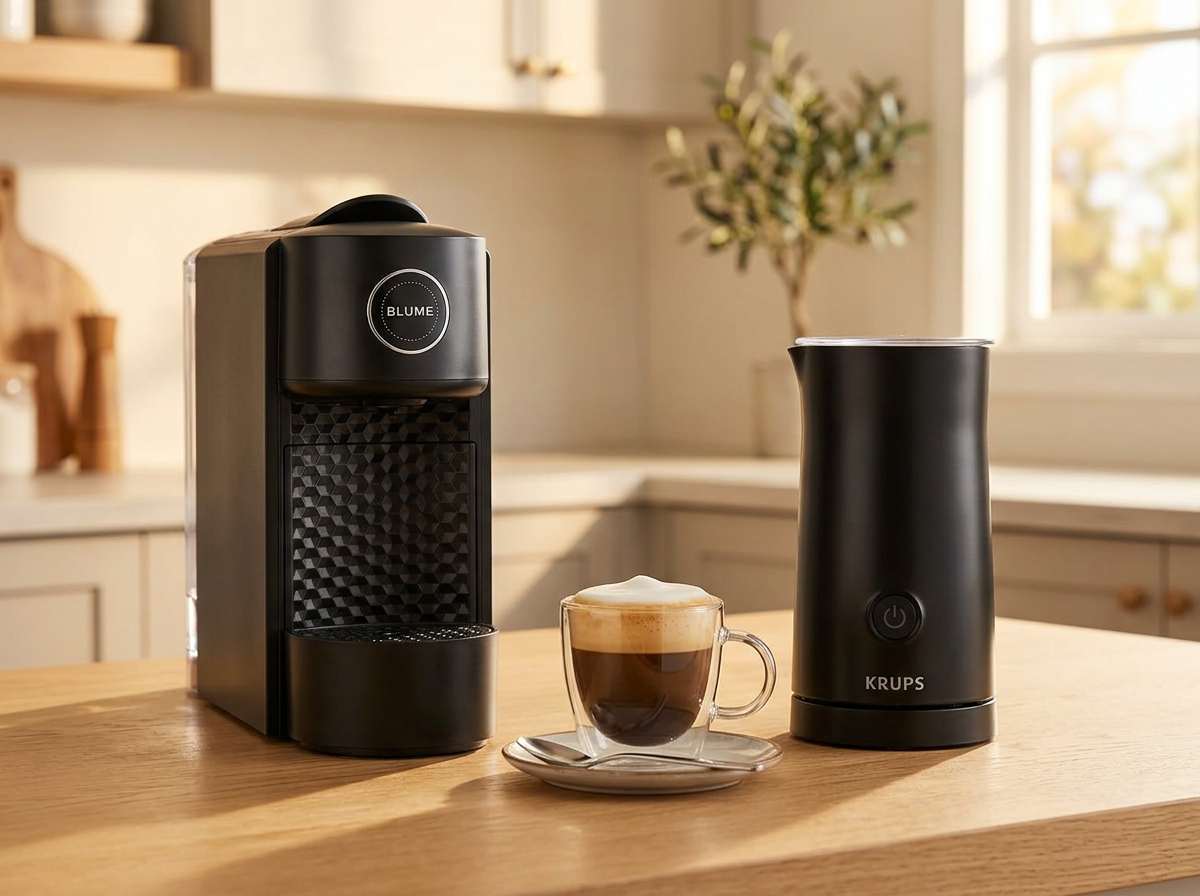 A black Blume 2-Step Pro capsule coffee machine and Krups electric milk frother on a wooden counter with a cappuccino