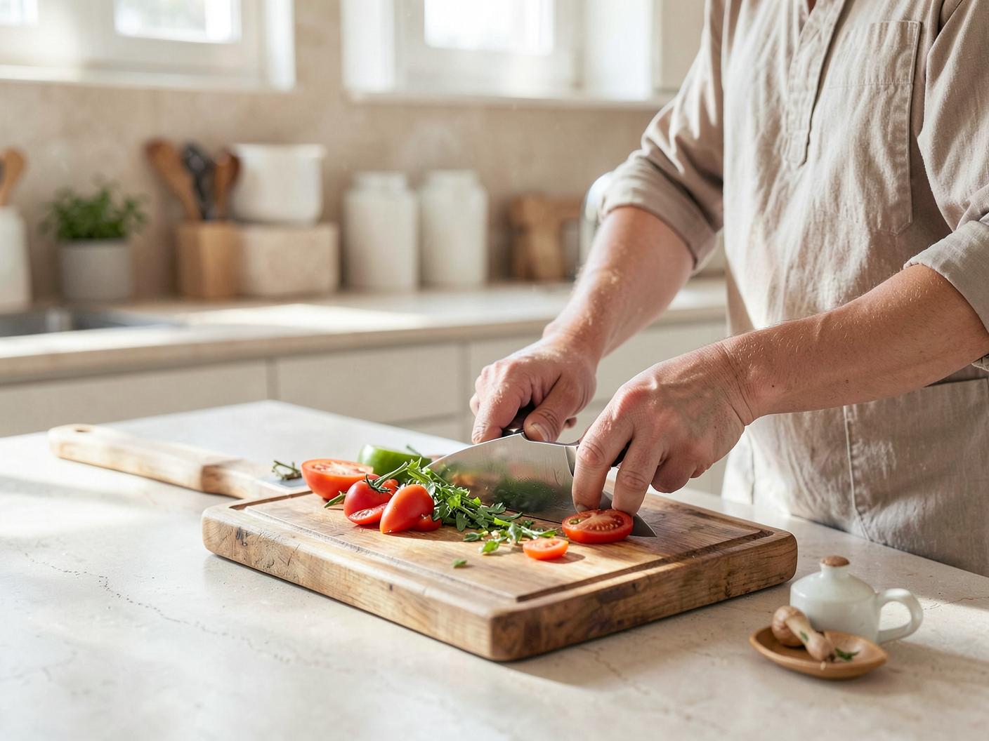 A chef's knife slicing vegetables on a timber board in a bright kitchen