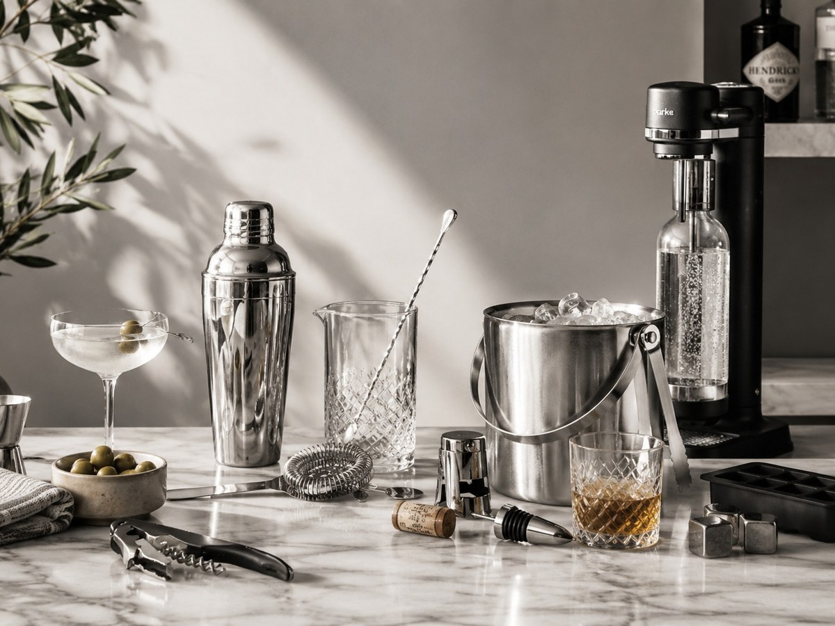 Cocktail shaker, mixing glass, ice bucket and a chilled coupe on white marble in daylight