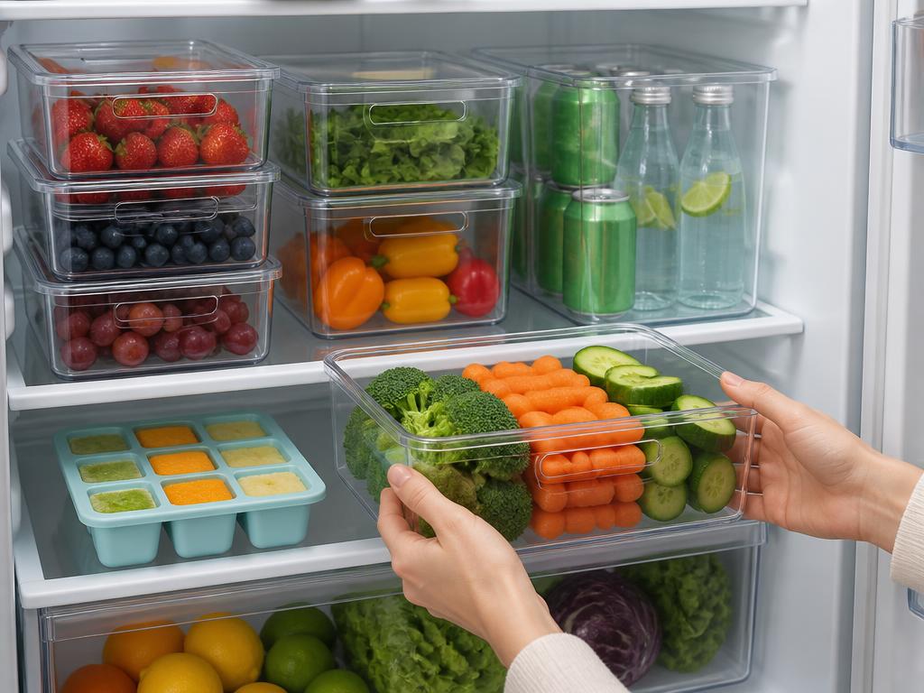 Hands sliding a clear stackable storage bin of prepped vegetables into a fridge stocked with matching bins and a freezer portion tray