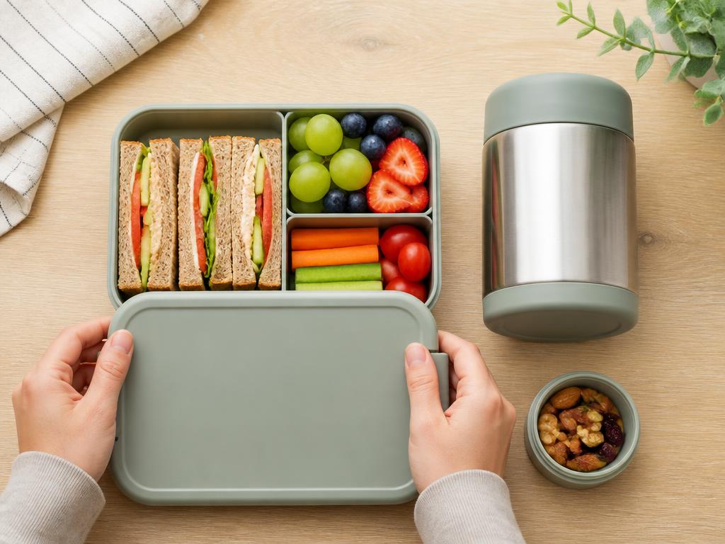 Hands closing a compartment lunch box of sandwiches, fruit and vegetables beside an insulated stainless food jar and snack pot