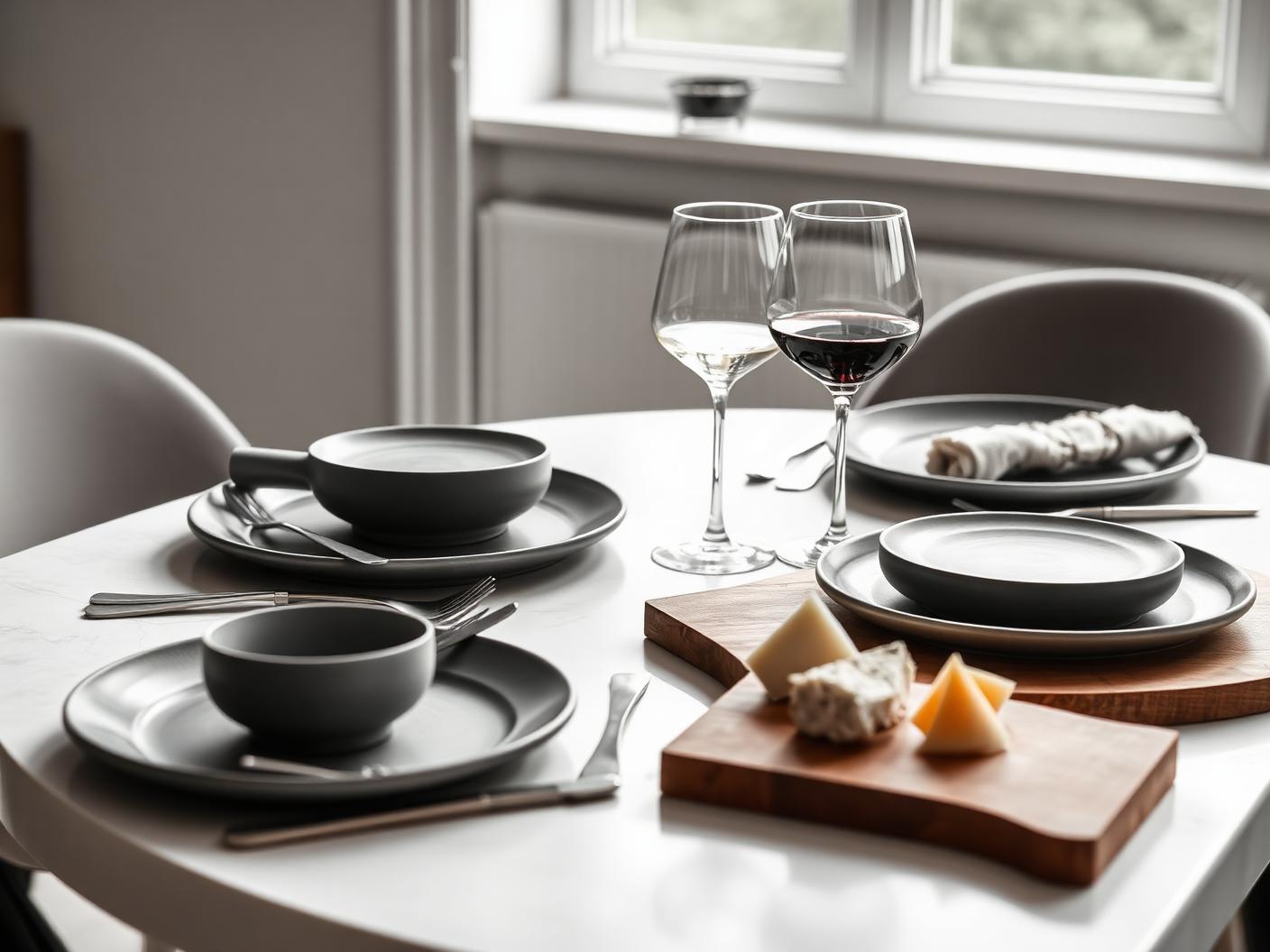 A laid table with plates, cutlery and glassware in soft natural light