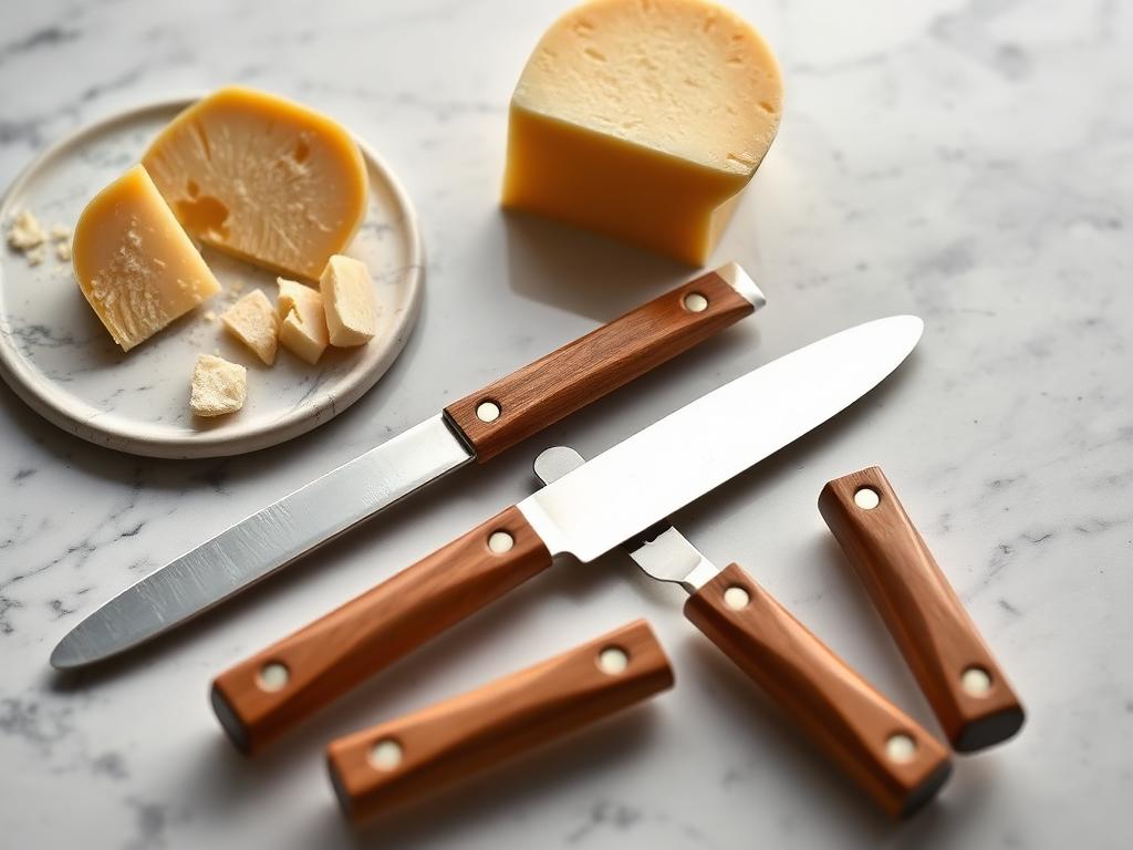 Wooden-handled cheese and butter knives beside cheese on marble