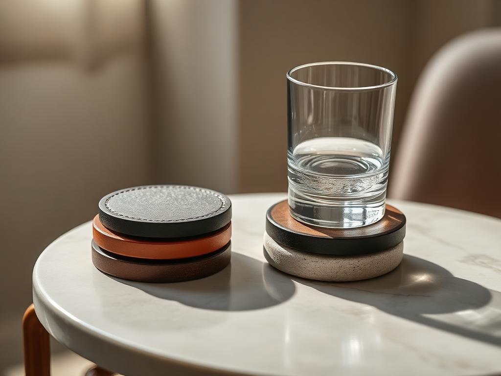 Stacked leather and stone coasters with a glass resting on one